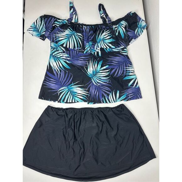 Island Escape Bohemian Tankini Set Swimsuit Floral Print Blue Black Size 20W - Picture 1 of 16